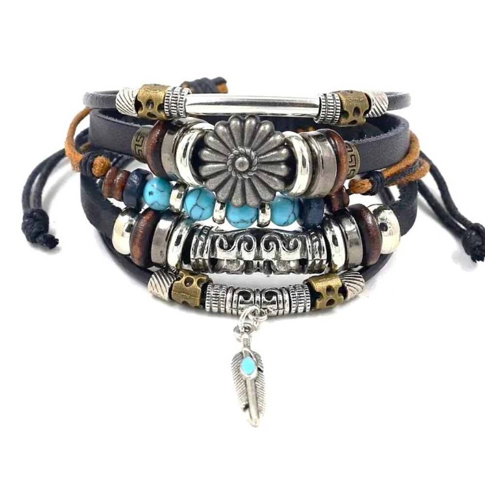 Leather Bracelet Cuff Bangle Layered Boho Metal Flower Turquoise Beads Trendy